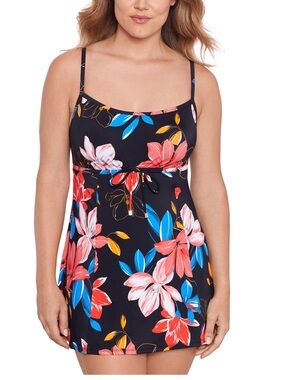 Swim Solutions Floral Print Empire Swim Dress Tummy Control Swimdress 14 NWT